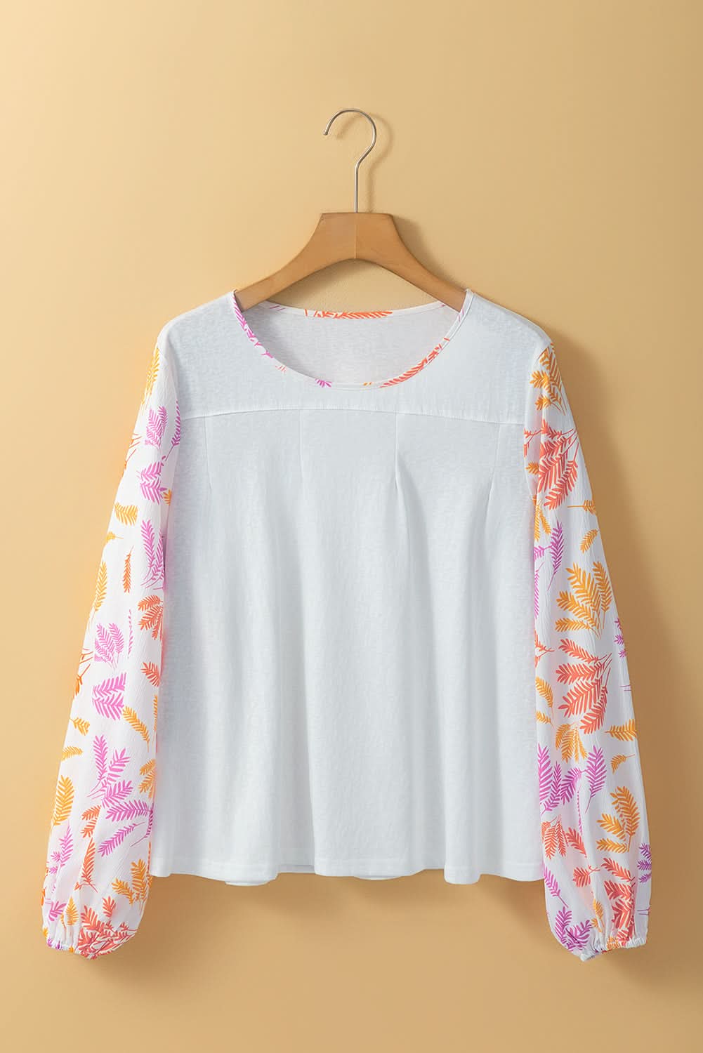 White Tropical Leaf Printed Patchwork Sleeve Round Neck Top - Love Salve